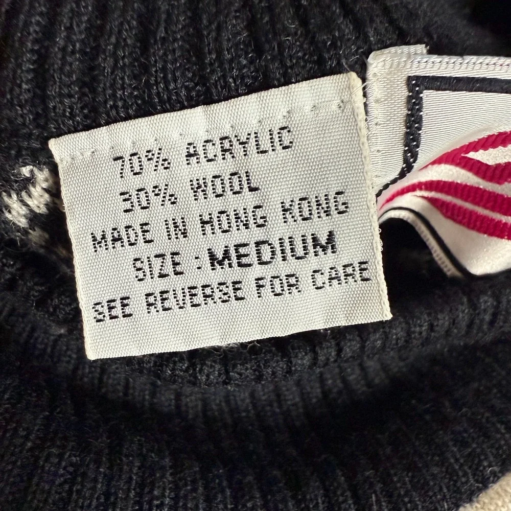 Vintage 80s Ossi Wool‎ Blend Sweater M Abstract Knit Mock Neck Black White read